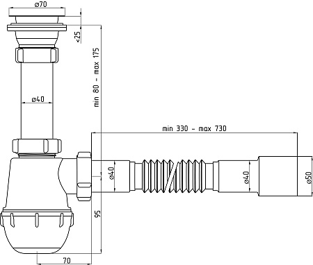 Сифон бутылочный 1 1/2"*40 с гибкой трубой 40x40/50  АНИ ГРОТ А0115  *1/25