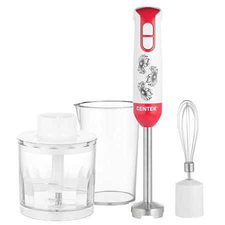 Блендер погружной 800Вт 3в1 Centek СТ-1336 Flower (бел/красн), насадки, турборежим, стак. 600мл *1/6
