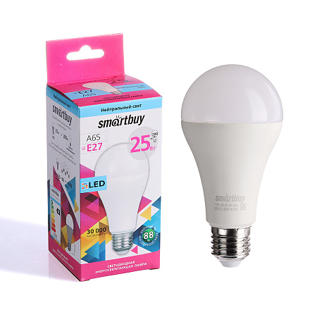 Лампа светодиодная 25W Е27 груша 4К нейтральный A65 Smartbuy *10/100