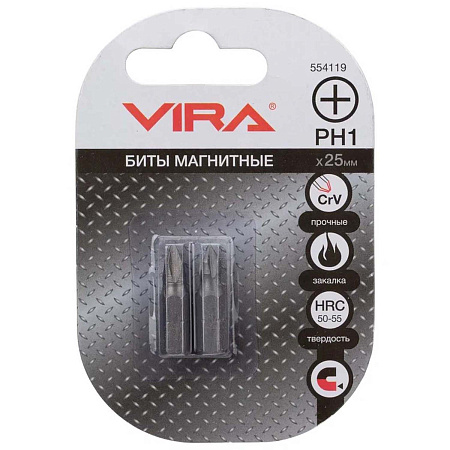 Бита крестовая PH1x25мм (2шт) магнитная CR-V хвостовик1/4"С (554119) VIRA *1