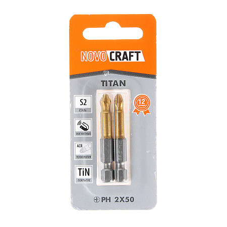 Бита крестовая PH2х 50мм (2шт) магнитная S2 TiN хвостовик1/4"Е TITAN NovoCRAFT *1/25