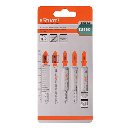 Пилки для лобзика по дереву  76мм шаг 2,0мм фигурный чист рез (5шт) T119BO арт.5250308 STURM *10/50