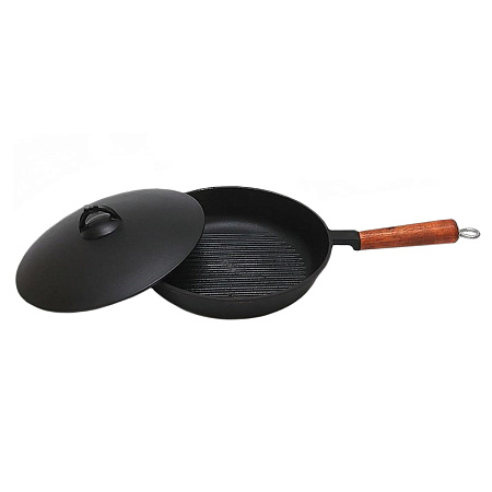 Сковорода чугунная d24см, выс. 5см "Гриль" Дерев.ручка, Мет.кр. (Г-240/50-1-КАлД) арт.744*1/3