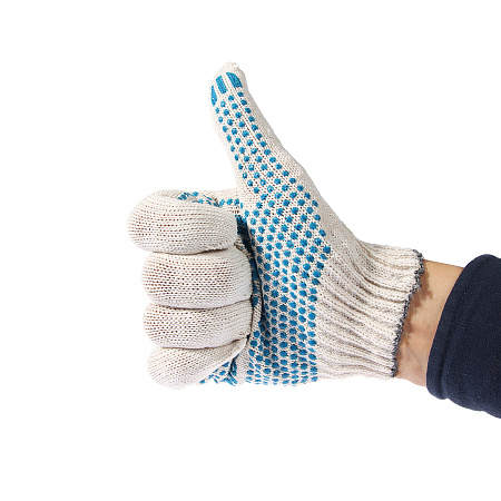 Перчатки ХБ с ПВХ точ 10кл (4 нити) 39гр белые с логотипом ДОМОСТРОЙ  *10/250/300