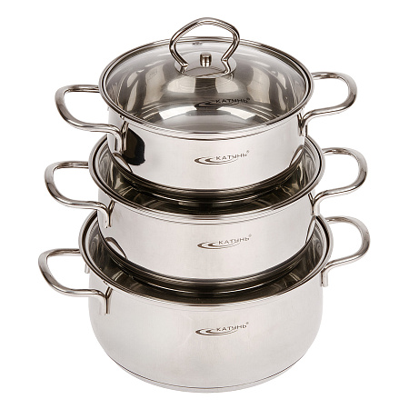 Набор кастрюль нерж. "Катунь" "Лира":1,6л+2,2л+3,2л, термор.дно, Ст.кр. КТ-CP-001 *1/2