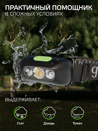Фонарь налобный Gauss 3Вт 80Лм LED аккумулятор Li-ion 400мА  GFL410 *1/10/80