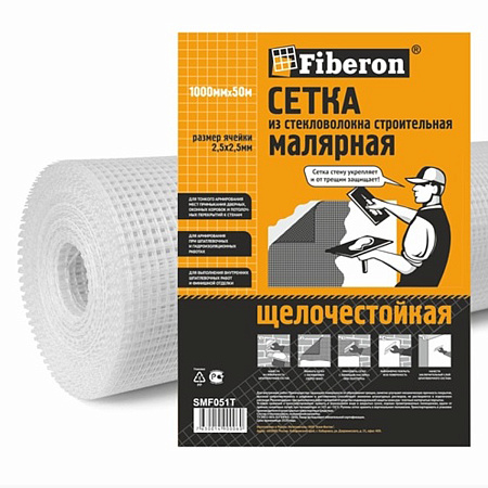 Сетка стр. армирующая яч.2,5х2,5мм пл.45г/кв.м(+/-15%)Маляр.1,0м х50м(+/-15)SMF051TFIBERON*1/6 ИР307