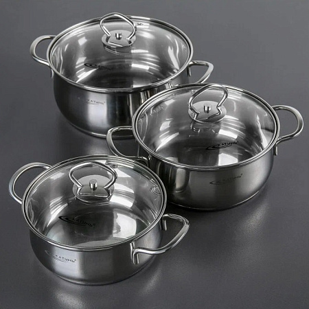 Набор кастрюль нерж. "Катунь" "Лира":1,6л+2,2л+3,2л, термор.дно, Ст.кр. КТ-CP-001 *1/2
