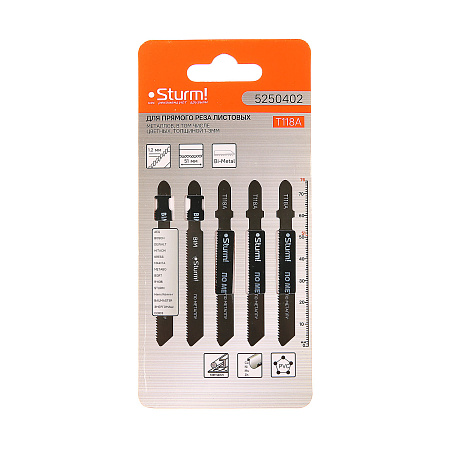 Пилки для лобзика по металлу  76мм шаг1,2мм прямой рез (5шт) T118A арт.5250402 STURM *10/50
