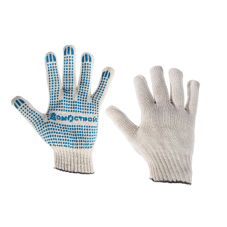 Перчатки ХБ с ПВХ точ 10кл (4 нити) 39гр белые с логотипом ДОМОСТРОЙ  *10/250/300