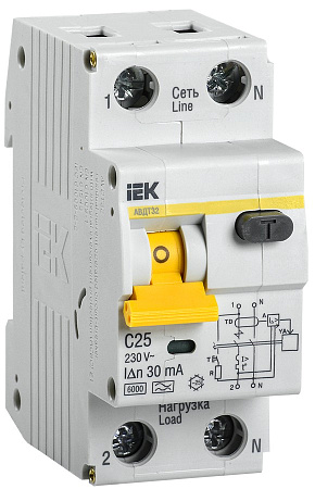 Авт.выкл. диф.тока IEK 25А 2мод С 1п+N тип А 30мА 6kA АВДТ-32 ИЭК MAD22-5-025-C-30   *1/6