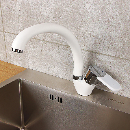 Смеситель для кухни Potato P59223-7 высокий излив (белый, хром) *1/10