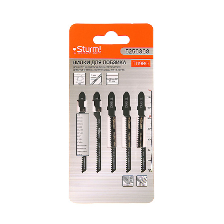 Пилки для лобзика по дереву  76мм шаг 2,0мм фигурный чист рез (5шт) T119BO арт.5250308 STURM *10/50