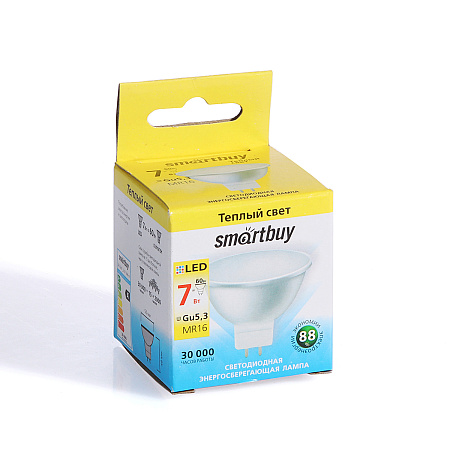 Лампа светодиодная 7W GU5,3 рефлектор 3К теплый MR16 Smartbuy *10/100